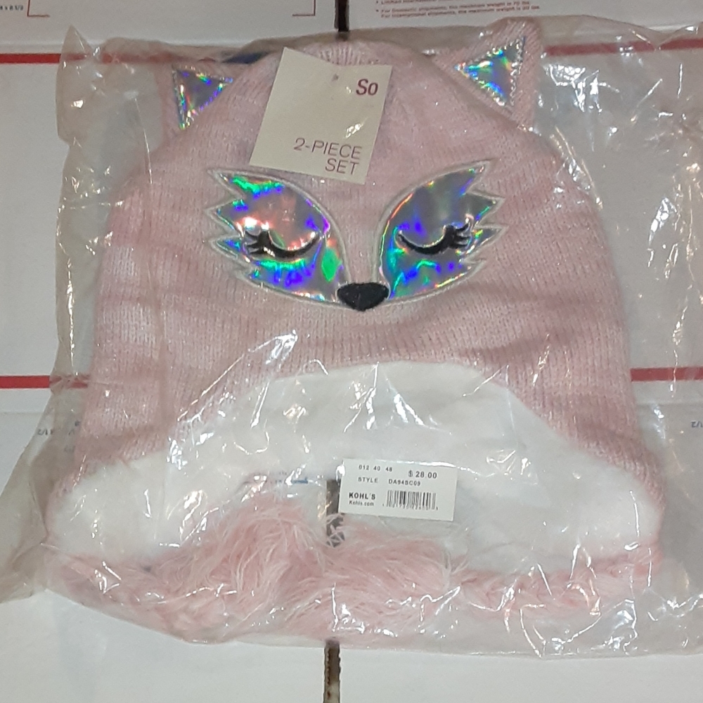 Girls Fox Hat And Glove Set Size M/L New